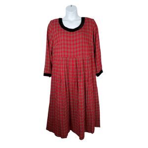 Vintage SL Fashions Dress 18W Red Tartan Plaid Black Velvet Trim Midi USA Made
